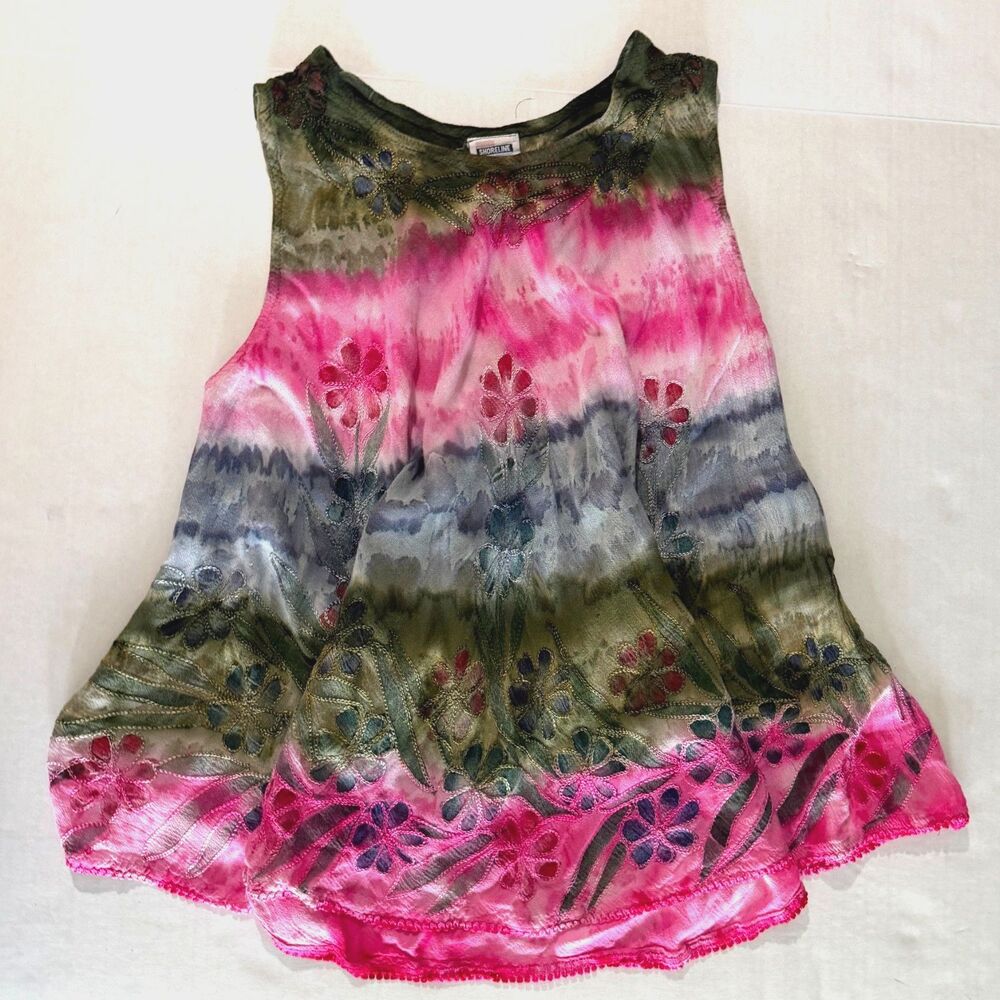 Shoreline, Tie Dye Embroidered Boho Swing Tank, OS Fairycore Festival Summer